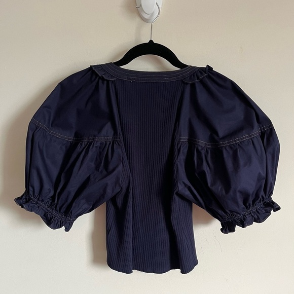 Sofie The Label Blue Exaggerated Puff Sleeve Cropped Button Up Blouse Sz  L EUC - Picture 5 of 16